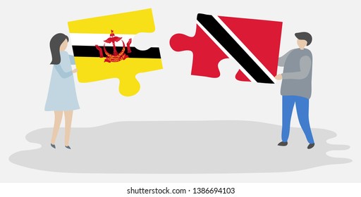 Couple holding two puzzles pieces with Bruneian and Trinidadian flags. Brunei and Trinidad and Tobago national symbols together.