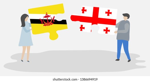 Couple holding two puzzles pieces with Bruneian and Georgian flags. Brunei and Georgia national symbols together.