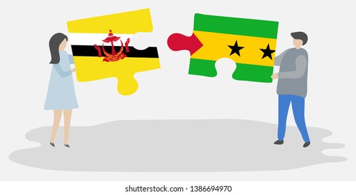 Couple holding two puzzles pieces with Bruneian and Sao Tomean flags. Brunei and Sao Tome and Principe national symbols together.