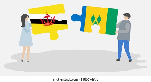 Couple holding two puzzles pieces with Bruneian and Vincentian flags. Brunei and Saint Vincent and the Grenadines national symbols together.