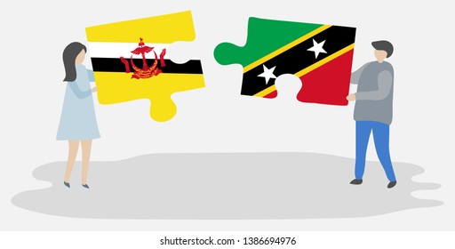 Couple holding two puzzles pieces with Bruneian and Kittitian flags. Brunei and Saint Kitts and Nevis national symbols together.