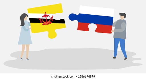 Couple holding two puzzles pieces with Bruneian and Russian flags. Brunei and Russia national symbols together.