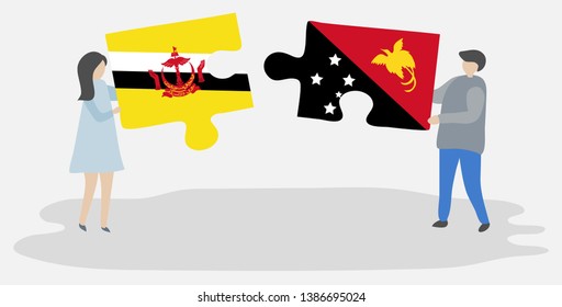 Couple holding two puzzles pieces with Bruneian and Papuan flags. Brunei and Papua New Guinea national symbols together.