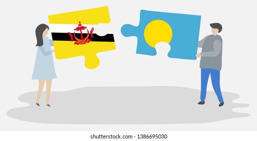 Couple holding two puzzles pieces with Bruneian and Palauan flags. Brunei and Palau national symbols together.