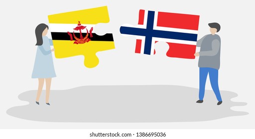 Couple holding two puzzles pieces with Bruneian and Norwegian flags. Brunei and Norway national symbols together.