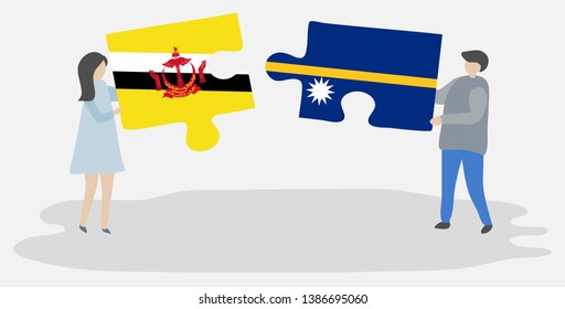 Couple holding two puzzles pieces with Bruneian and Nauruan flags. Brunei and Nauru national symbols together.
