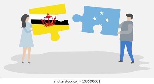 Couple holding two puzzles pieces with Bruneian and Micronesian flags. Brunei and Micronesia national symbols together.