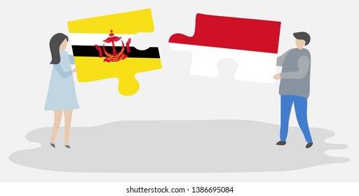 Couple holding two puzzles pieces with Bruneian and Monegasque flags. Brunei and Monaco national symbols together.