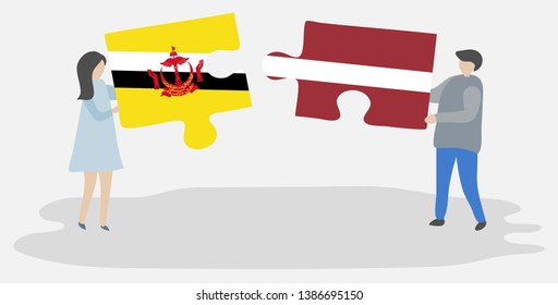 Couple holding two puzzles pieces with Bruneian and Latvian flags. Brunei and Latvia national symbols together.