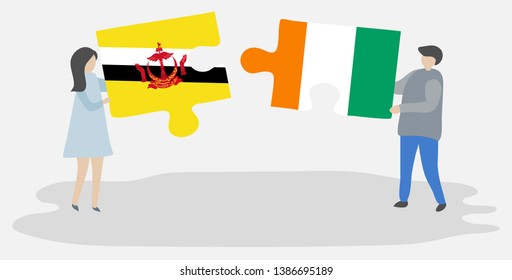 Couple holding two puzzles pieces with Bruneian and Ivorian flags. Brunei and Ivory Coast national symbols together.