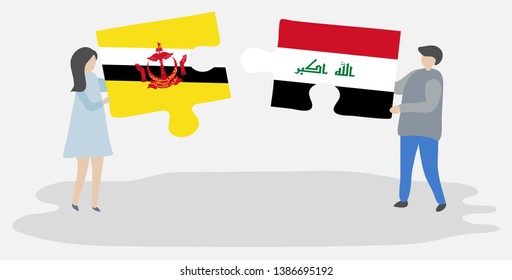 Couple holding two puzzles pieces with Bruneian and Iraqi flags. Brunei and Iraq national symbols together.