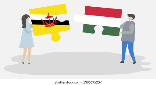 Couple holding two puzzles pieces with Bruneian and Hungarian flags. Brunei and Hungary national symbols together.