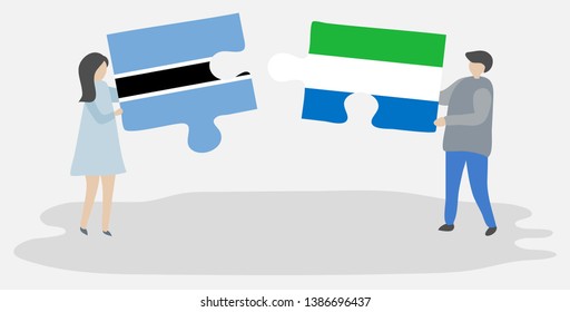 Couple holding two puzzles pieces with Motswana and Sierra Leonean flags. Botswana and Sierra Leone national symbols together.