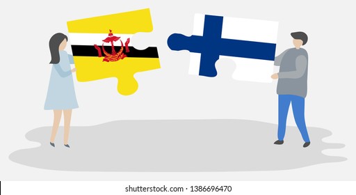 Couple holding two puzzles pieces with Bruneian and Finnish flags. Brunei and Finland national symbols together.