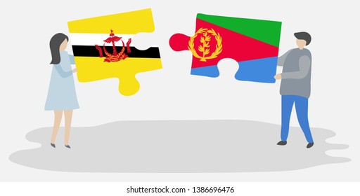 Couple holding two puzzles pieces with Bruneian and Eritrean flags. Brunei and Eritrea national symbols together.