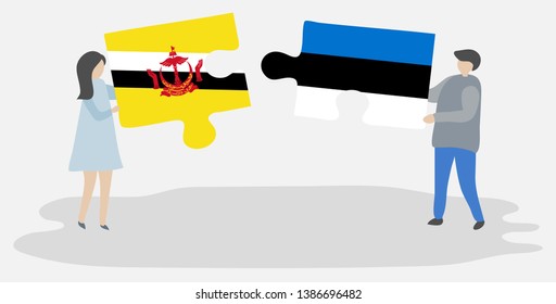 Couple holding two puzzles pieces with Bruneian and Estonian flags. Brunei and Estonia national symbols together.
