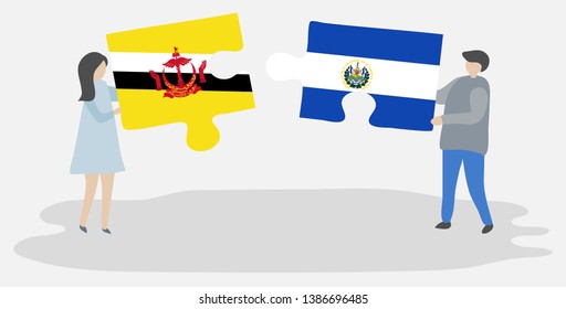 Couple holding two puzzles pieces with Bruneian and Salvadoran flags. Brunei and El Salvador national symbols together.