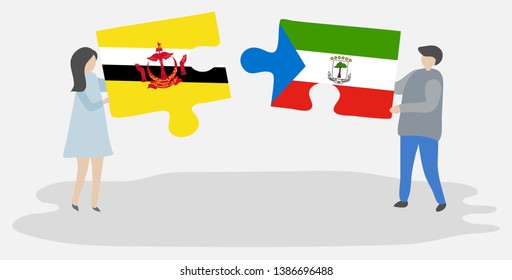 Couple holding two puzzles pieces with Bruneian and Equatorial Guinean flags. Brunei and Equatorial Guinea national symbols together.