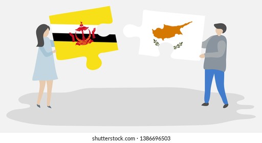 Couple holding two puzzles pieces with Bruneian and Cypriot flags. Brunei and Cyprus national symbols together.