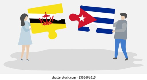 Couple holding two puzzles pieces with Bruneian and Cuban flags. Brunei and Cuba national symbols together.