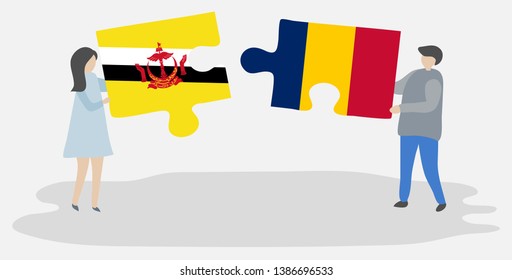 Couple holding two puzzles pieces with Bruneian and Chadian flags. Brunei and Chad national symbols together.