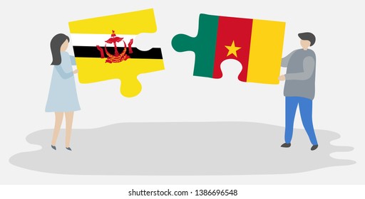 Couple holding two puzzles pieces with Bruneian and Cameroonian flags. Brunei and Cameroon national symbols together.