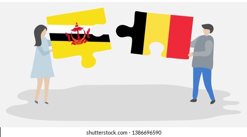 Couple holding two puzzles pieces with Bruneian and Belgian flags. Brunei and Belgium national symbols together.