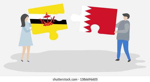 Couple holding two puzzles pieces with Bruneian and Bahraini flags. Brunei and Bahrain national symbols together.