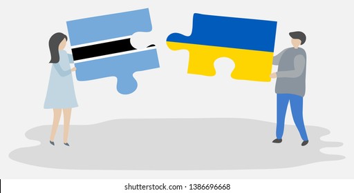 Couple holding two puzzles pieces with Motswana and Ukrainian flags. Botswana and Ukraine national symbols together.