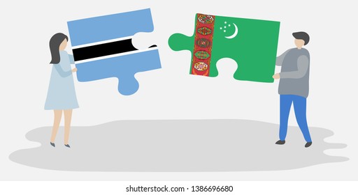 Couple holding two puzzles pieces with Motswana and Turkmen flags. Botswana and Turkmenistan national symbols together.