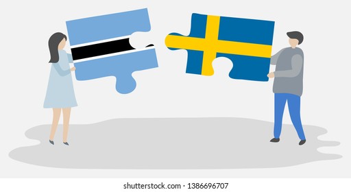Couple holding two puzzles pieces with Motswana and Swedish flags. Botswana and Sweden national symbols together.