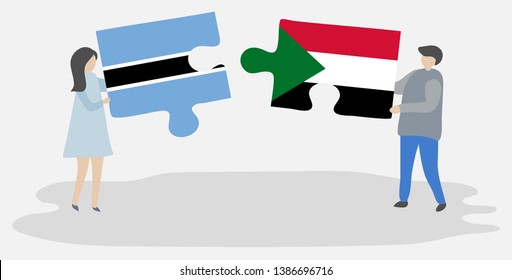 Couple holding two puzzles pieces with Motswana and Sudanese flags. Botswana and Sudan national symbols together.