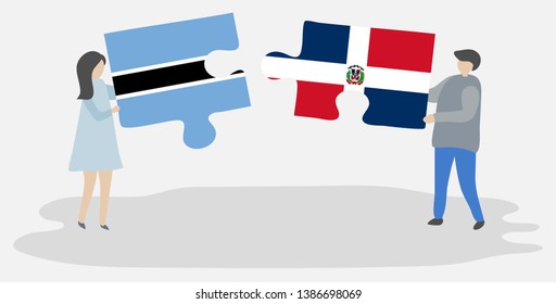 Couple holding two puzzles pieces with Motswana and Dominican flags. Botswana and Dominican Republic national symbols together.