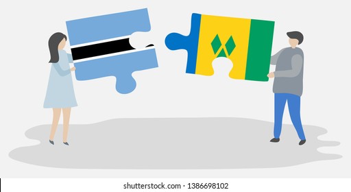 Couple holding two puzzles pieces with Motswana and Vincentian flags. Botswana and Saint Vincent and the Grenadines national symbols together.
