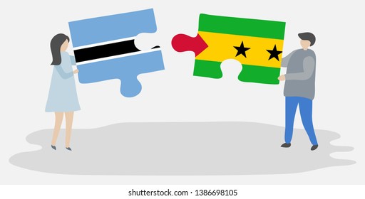Couple holding two puzzles pieces with Motswana and Sao Tomean flags. Botswana and Sao Tome and Principe national symbols together.