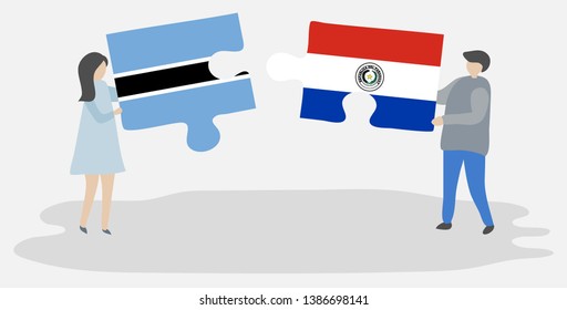 Couple holding two puzzles pieces with Motswana and Paraguayan flags. Botswana and Paraguay national symbols together.