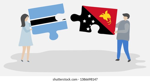 Couple holding two puzzles pieces with Motswana and Papuan flags. Botswana and Papua New Guinea national symbols together.