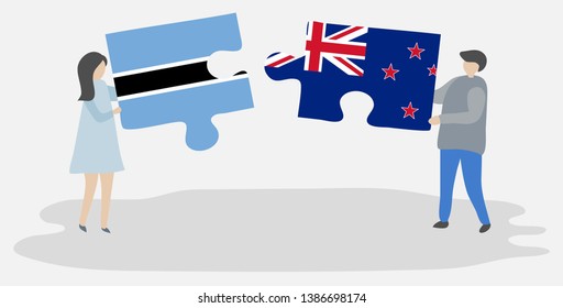 Couple holding two puzzles pieces with Motswana and NZ flags. Botswana and New Zealand national symbols together.