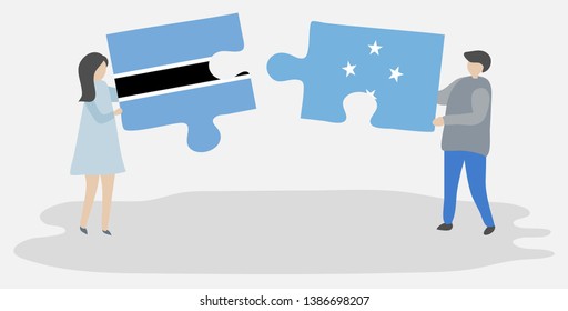 Couple holding two puzzles pieces with Motswana and Micronesian flags. Botswana and Micronesia national symbols together.