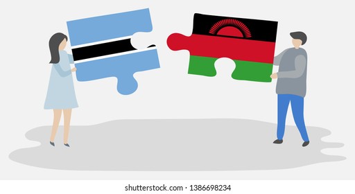 Couple holding two puzzles pieces with Motswana and Malawian flags. Botswana and Malawi national symbols together.