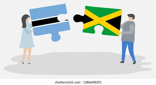 Couple holding two puzzles pieces with Motswana and Jamaican flags. Botswana and Jamaica national symbols together.