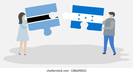 Couple holding two puzzles pieces with Motswana and Honduran flags. Botswana and Honduras national symbols together.