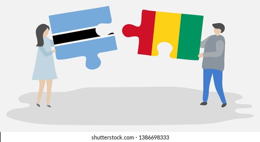 Couple holding two puzzles pieces with Motswana and Guinean flags. Botswana and Guinea national symbols together.