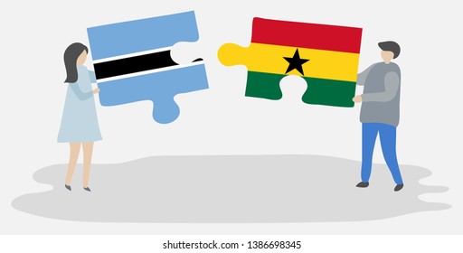 Couple holding two puzzles pieces with Motswana and Ghanaian flags. Botswana and Ghana national symbols together.