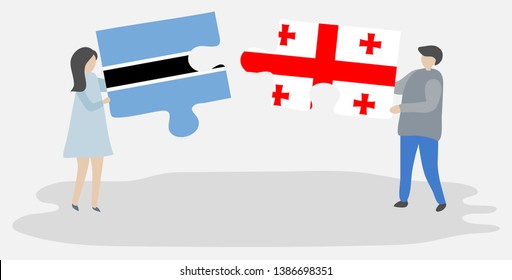 Couple holding two puzzles pieces with Motswana and Georgian flags. Botswana and Georgia national symbols together.