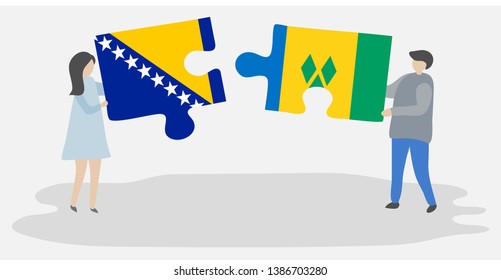 Couple holding two puzzles pieces with Bosnian and Vincentian flags. Bosnia and Herzegovina and Saint Vincent and the Grenadines national symbols together.