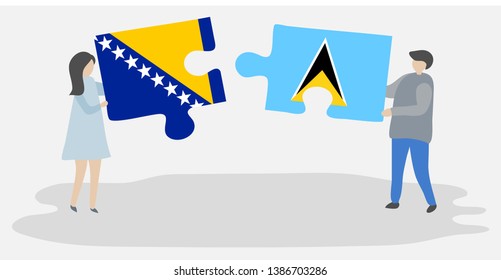 Couple holding two puzzles pieces with Bosnian and Saint Lucian flags. Bosnia and Herzegovina and Saint Lucia national symbols together.