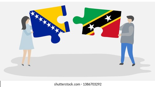 Couple holding two puzzles pieces with Bosnian and Kittitian flags. Bosnia and Herzegovina and Saint Kitts and Nevis national symbols together.