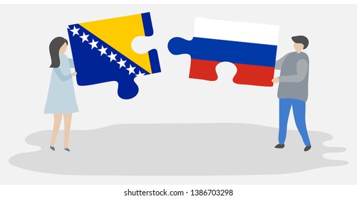 Couple holding two puzzles pieces with Bosnian and Russian flags. Bosnia and Herzegovina and Russia national symbols together.