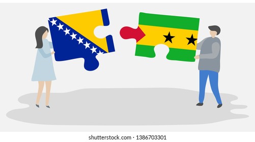 Couple holding two puzzles pieces with Bosnian and Sao Tomean flags. Bosnia and Herzegovina and Sao Tome and Principe national symbols together.